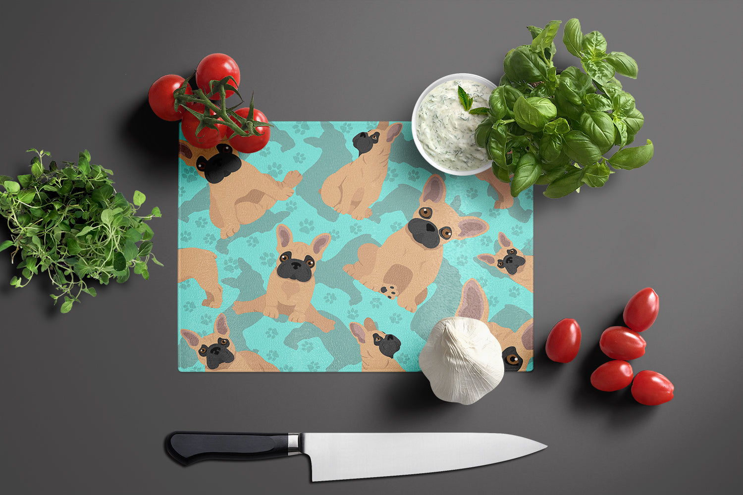 Fawn French Bulldog Cutting Board Tempered Glass Kitchen Cutting Surface, Heat Resistant Chopping, Non-Slip Feet, Food Prep & Serving