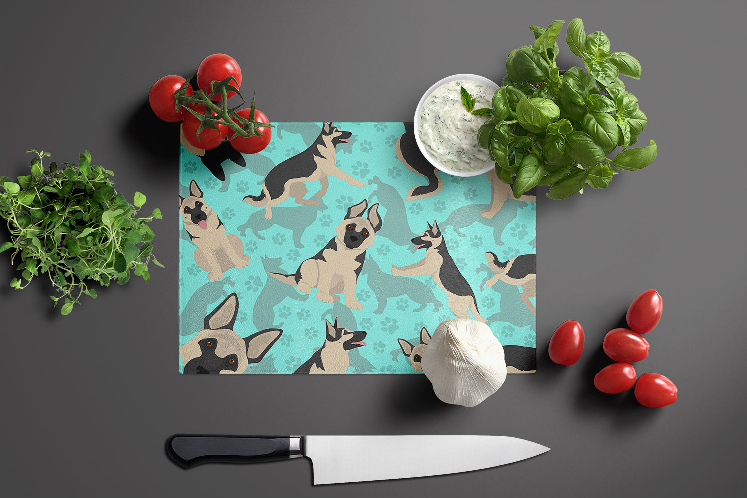 Black and Silver German Shepherd Cutting Board Tempered Glass Kitchen Cutting Surface, Heat Resistant Chopping, Non-Slip Feet, Food Prep & Serving