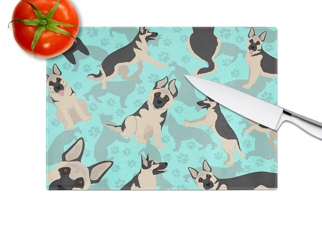 Black and Silver German Shepherd Cutting Board Tempered Glass Kitchen Cutting Surface, Heat Resistant Chopping, Non-Slip Feet, Food Prep & Serving