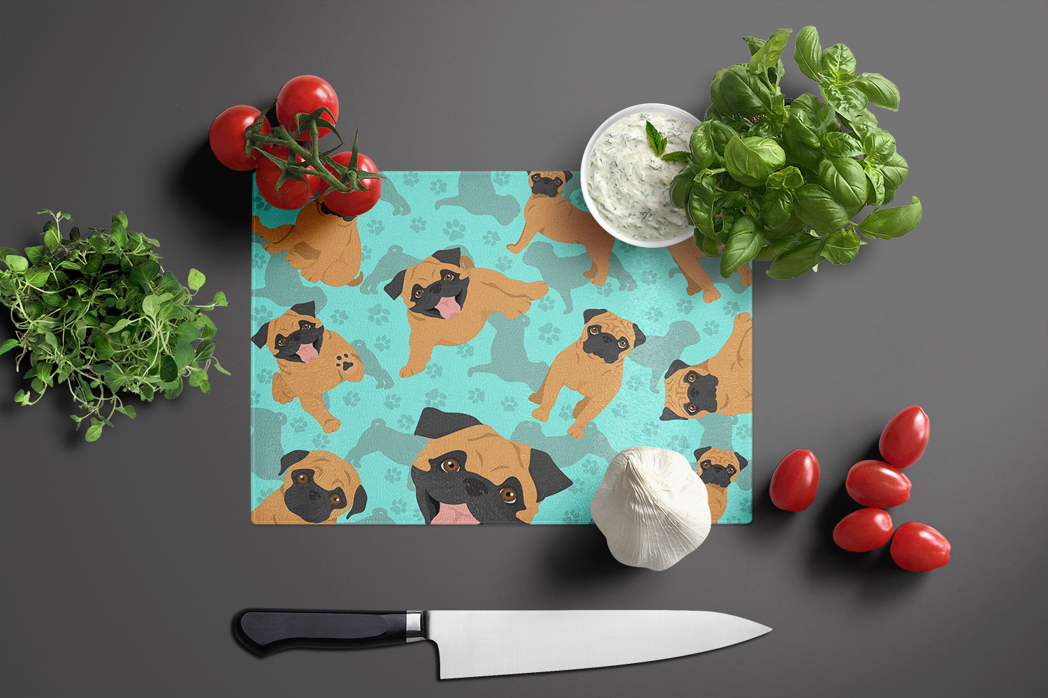 Apricot Pug Cutting Board Tempered Glass Kitchen Cutting Surface, Heat Resistant Chopping, Non-Slip Feet, Food Prep & Serving