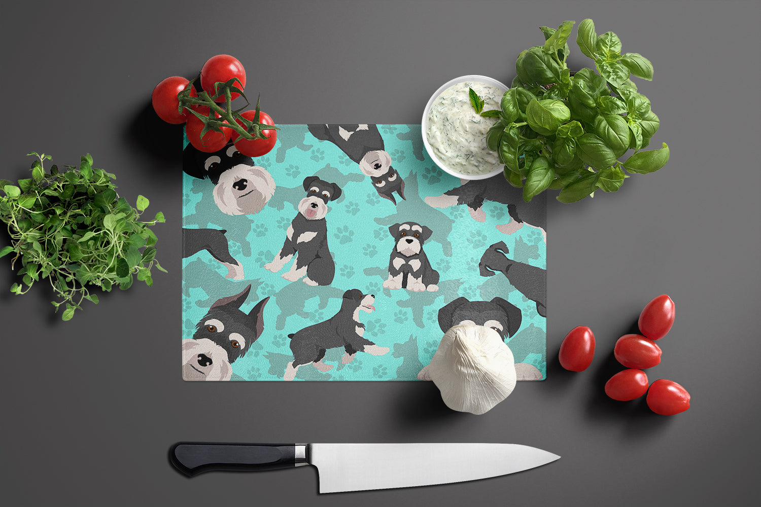 Black and Silver Schnauzer Cutting Board Tempered Glass Kitchen Cutting Surface, Heat Resistant Chopping, Non-Slip Feet, Food Prep & Serving