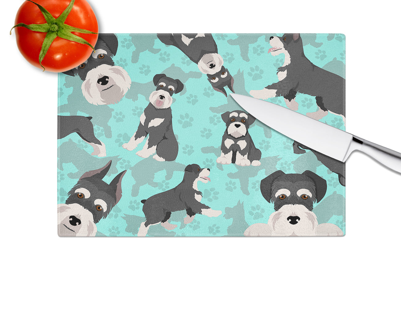 Black and Silver Schnauzer Cutting Board Tempered Glass Kitchen Cutting Surface, Heat Resistant Chopping, Non-Slip Feet, Food Prep & Serving