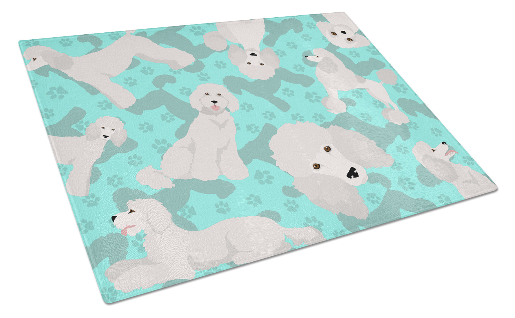 White Standard Poodle Cutting Board Tempered Glass Kitchen Cutting Surface, Heat Resistant Chopping, Non-Slip Feet, Food Prep & Serving