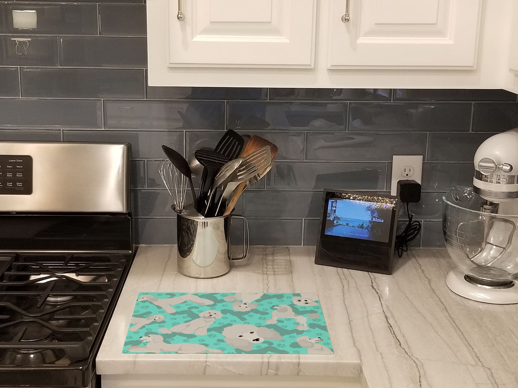 White Standard Poodle Cutting Board Tempered Glass Kitchen Cutting Surface, Heat Resistant Chopping, Non-Slip Feet, Food Prep & Serving
