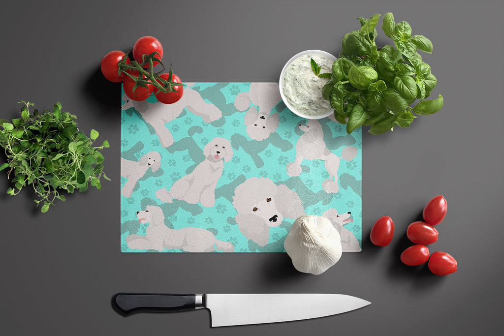 White Standard Poodle Cutting Board Tempered Glass Kitchen Cutting Surface, Heat Resistant Chopping, Non-Slip Feet, Food Prep & Serving