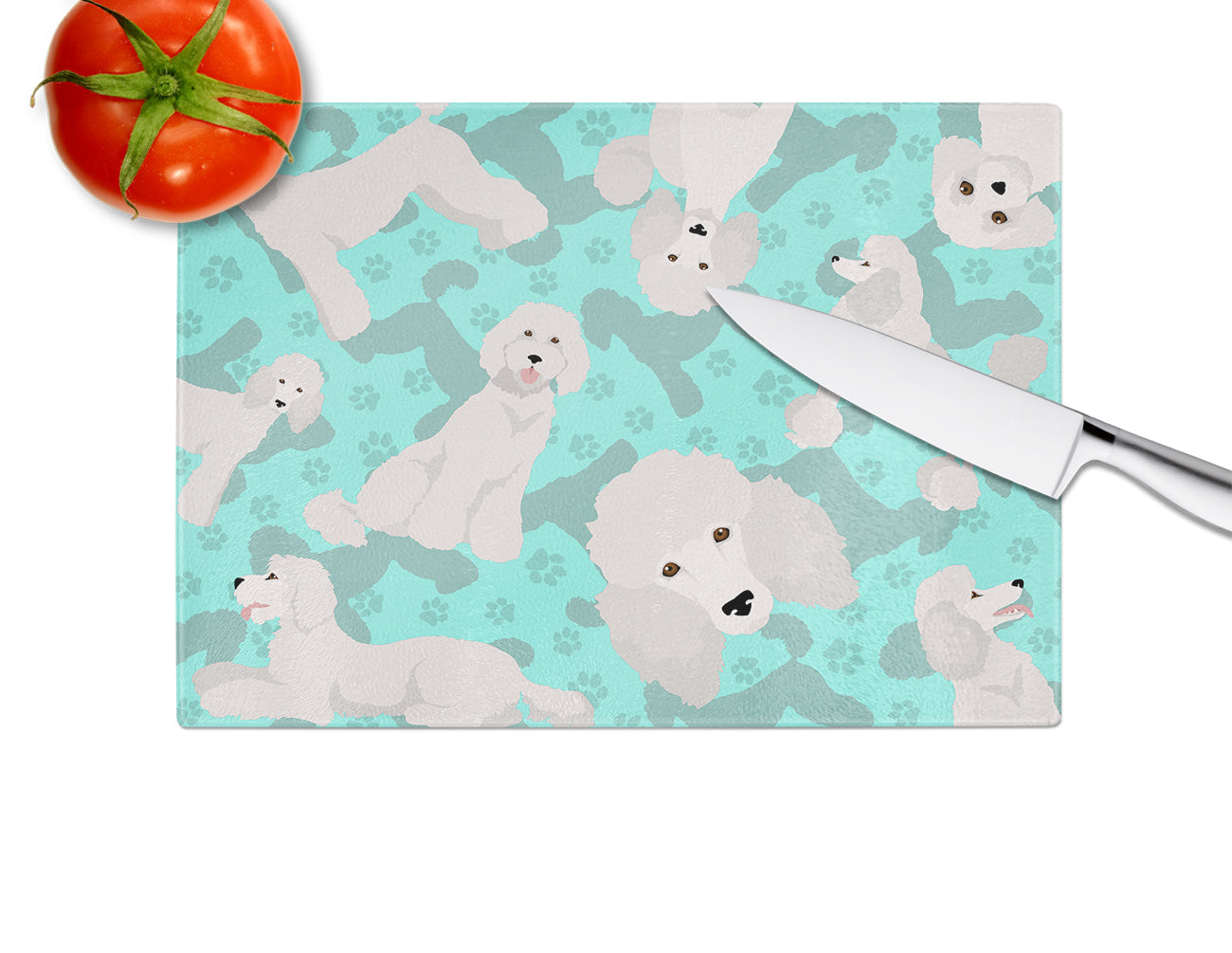 White Standard Poodle Cutting Board Tempered Glass Kitchen Cutting Surface, Heat Resistant Chopping, Non-Slip Feet, Food Prep & Serving