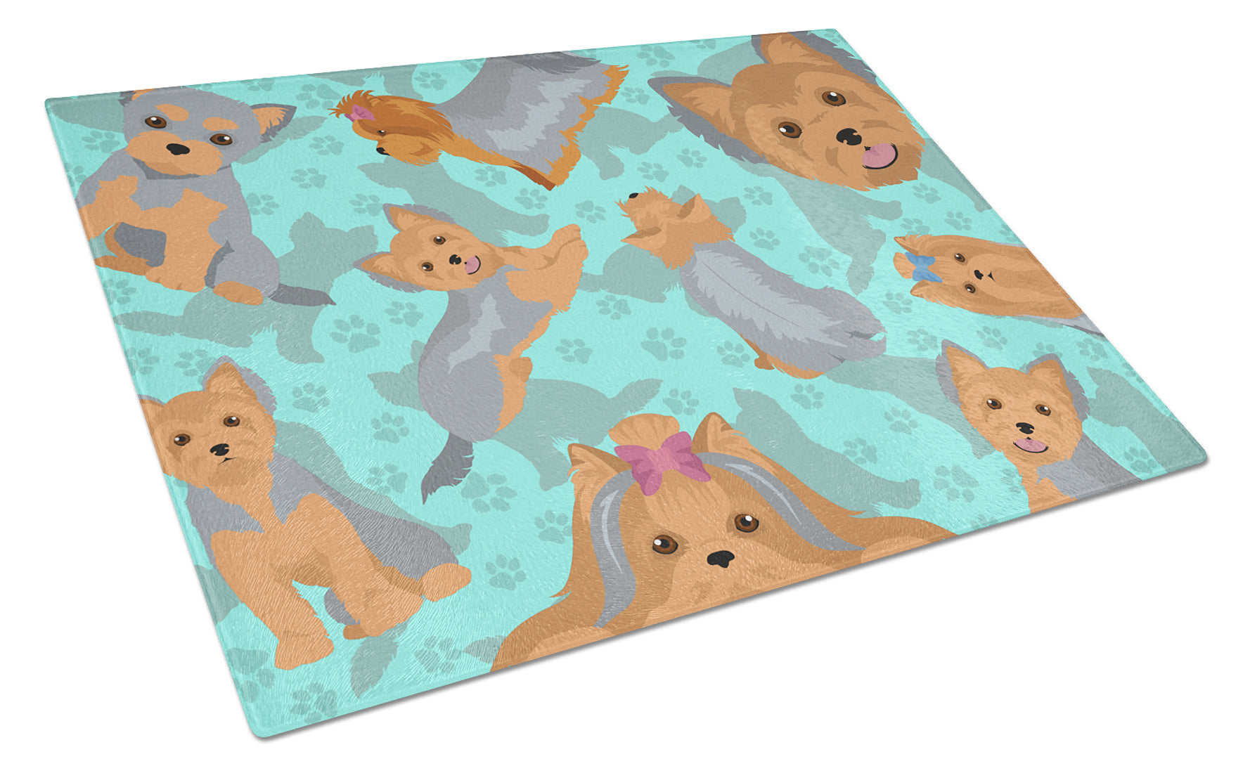 Blue and Tan Yorkie Cutting Board Tempered Glass Kitchen Cutting Surface, Heat Resistant Chopping, Non-Slip Feet, Food Prep & Serving
