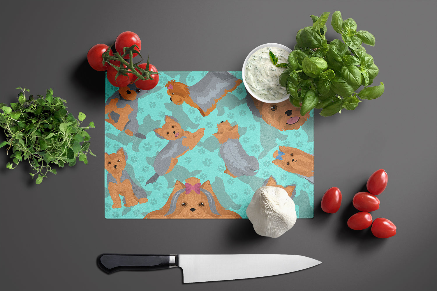 Blue and Tan Yorkie Cutting Board Tempered Glass Kitchen Cutting Surface, Heat Resistant Chopping, Non-Slip Feet, Food Prep & Serving