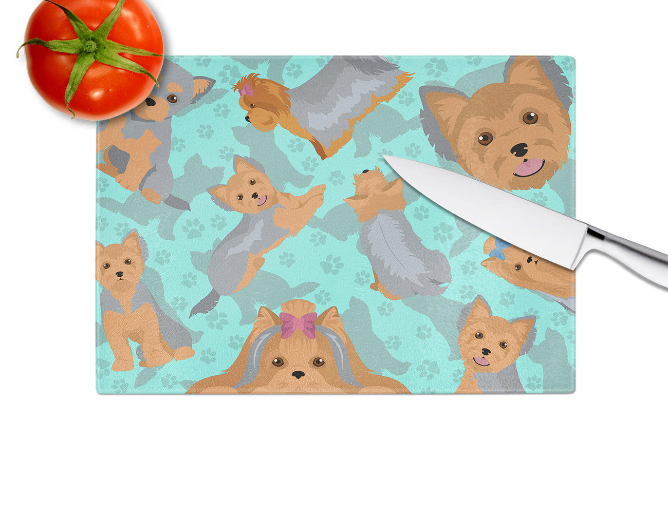 Blue and Tan Yorkie Cutting Board Tempered Glass Kitchen Cutting Surface, Heat Resistant Chopping, Non-Slip Feet, Food Prep & Serving