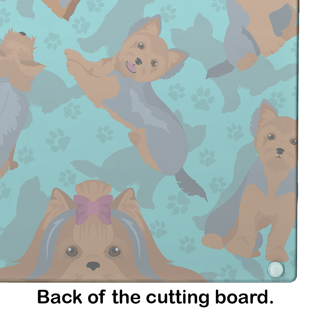 Blue and Tan Yorkie Cutting Board Tempered Glass Kitchen Cutting Surface, Heat Resistant Chopping, Non-Slip Feet, Food Prep & Serving