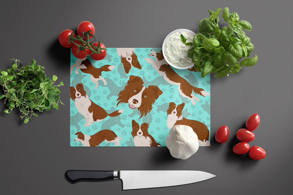 Red Border Collie Cutting Board Tempered Glass Kitchen Cutting Surface, Heat Resistant Chopping, Non-Slip Feet, Food Prep & Serving