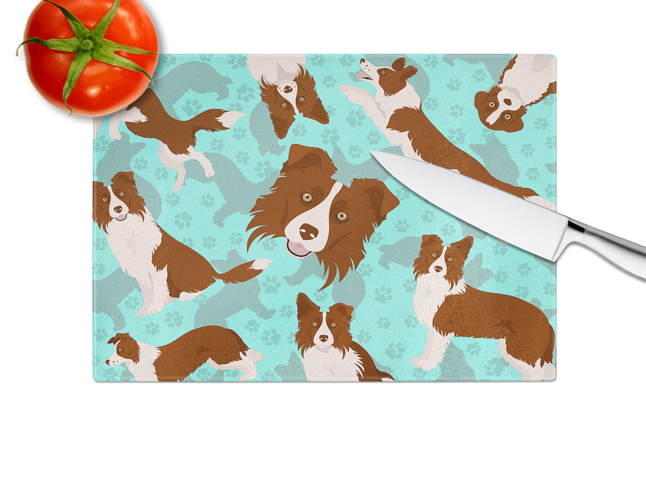 Red Border Collie Cutting Board Tempered Glass Kitchen Cutting Surface, Heat Resistant Chopping, Non-Slip Feet, Food Prep & Serving