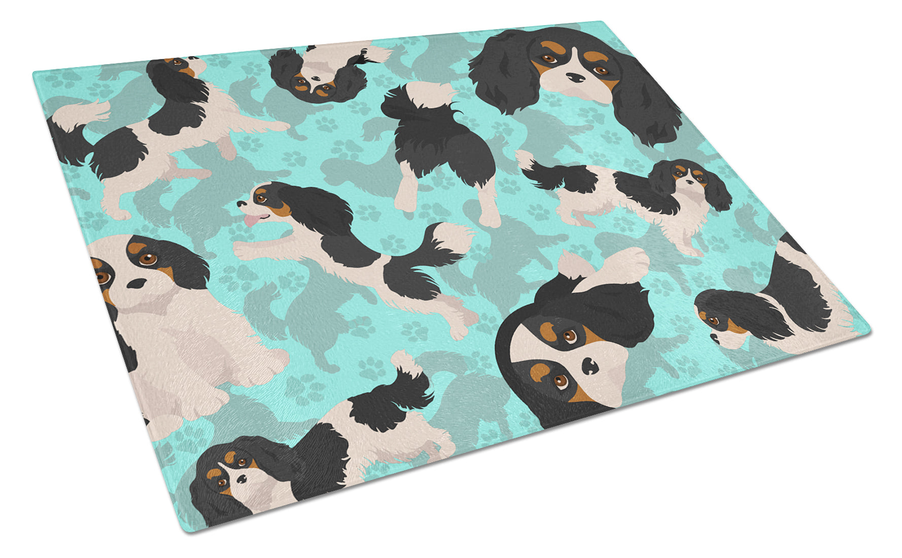 Tricolor Cavalier Spaniel Cutting Board Tempered Glass Kitchen Cutting Surface, Heat Resistant Chopping, Non-Slip Feet, Food Prep & Serving