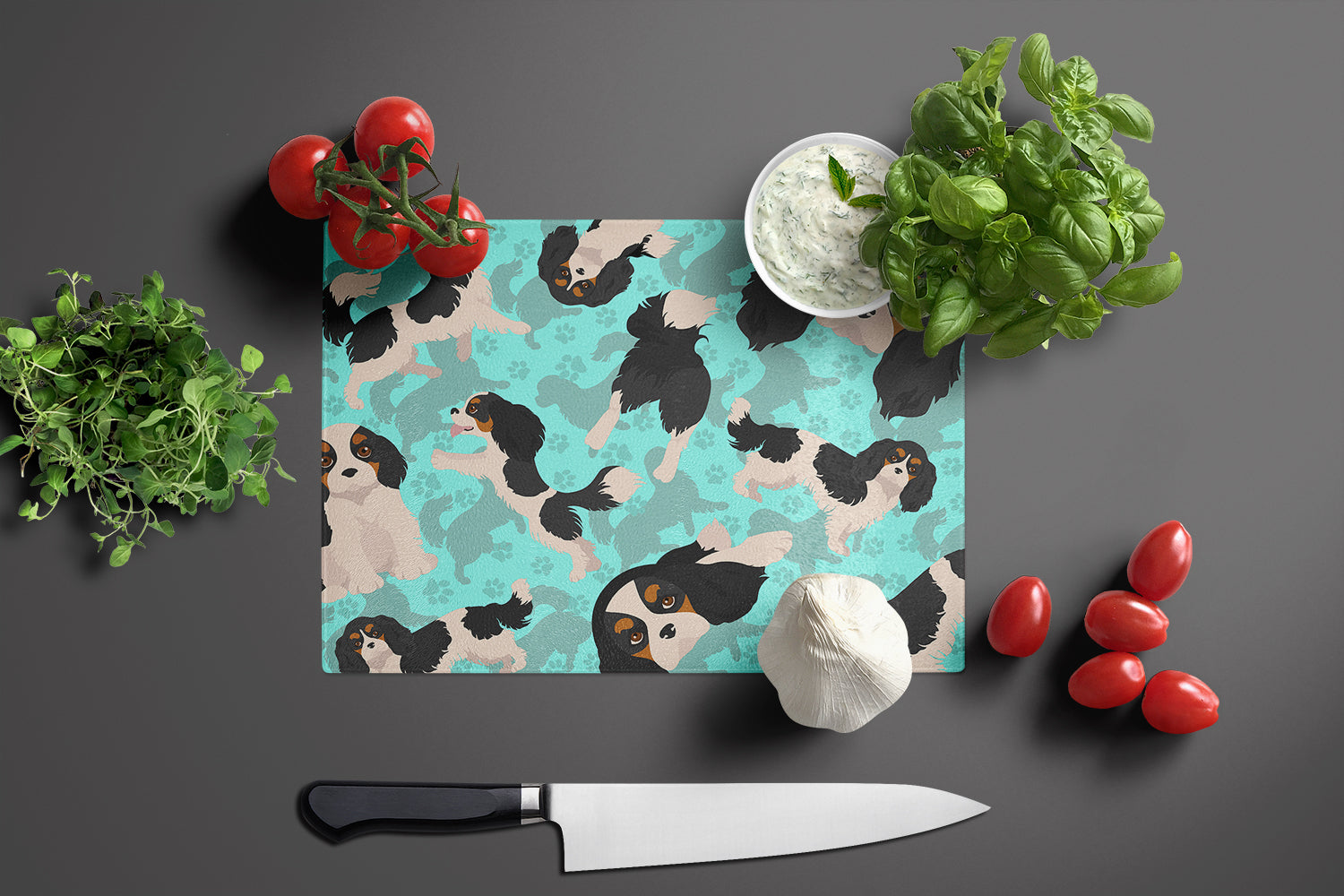 Tricolor Cavalier Spaniel Cutting Board Tempered Glass Kitchen Cutting Surface, Heat Resistant Chopping, Non-Slip Feet, Food Prep & Serving