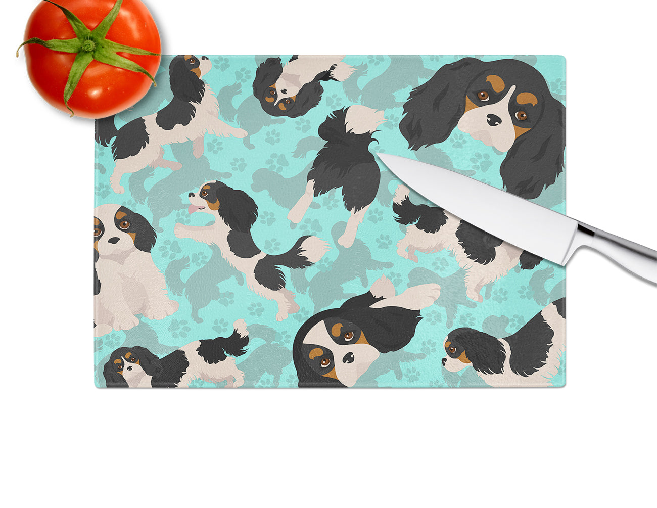 Tricolor Cavalier Spaniel Cutting Board Tempered Glass Kitchen Cutting Surface, Heat Resistant Chopping, Non-Slip Feet, Food Prep & Serving
