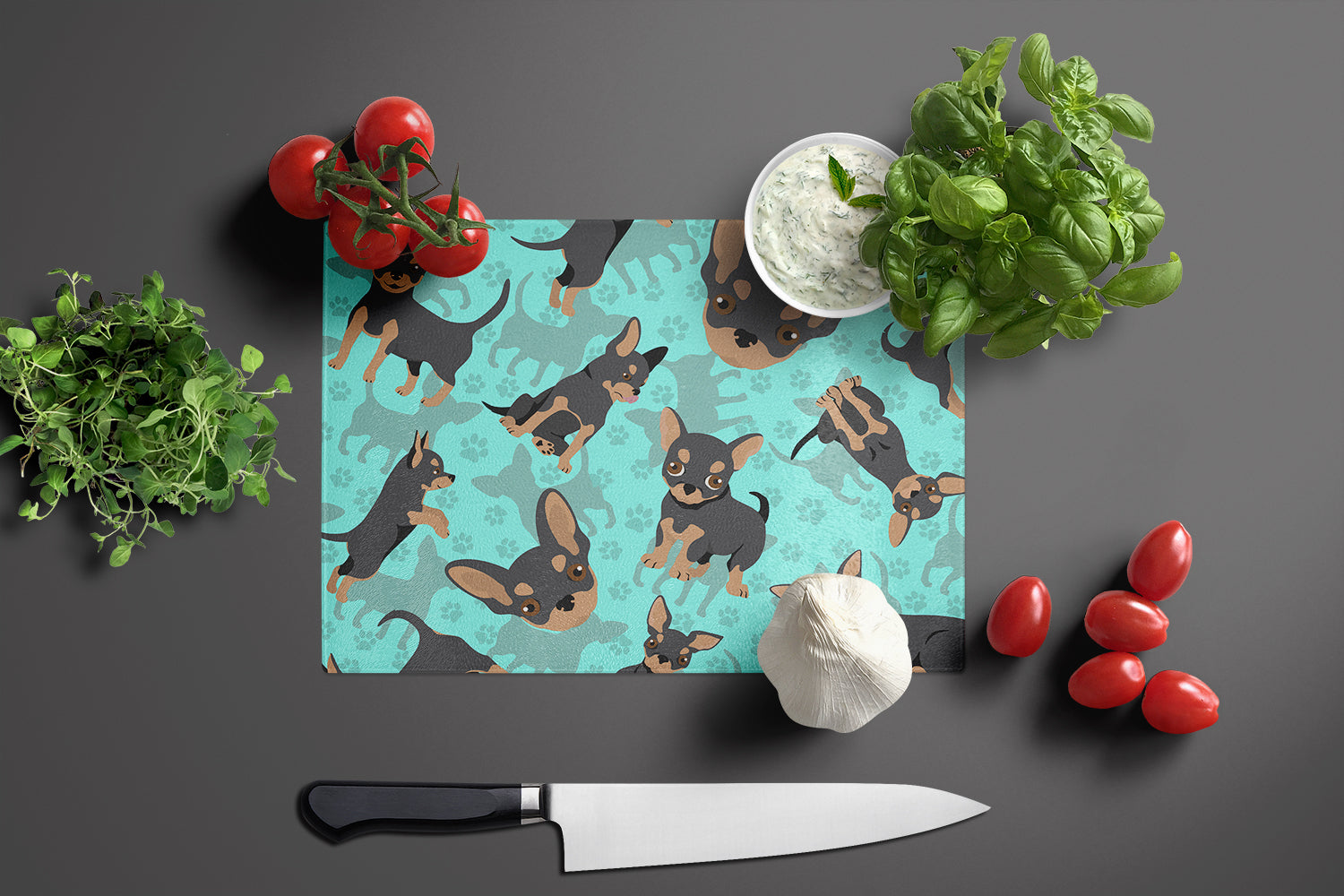 Black and Tan Chihuahua Cutting Board Tempered Glass Kitchen Cutting Surface, Heat Resistant Chopping, Non-Slip Feet, Food Prep & Serving