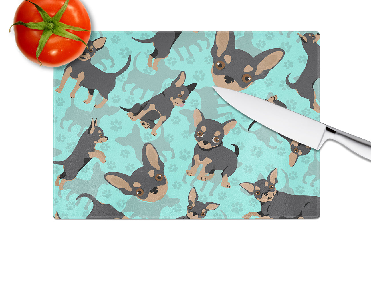 Black and Tan Chihuahua Cutting Board Tempered Glass Kitchen Cutting Surface, Heat Resistant Chopping, Non-Slip Feet, Food Prep & Serving