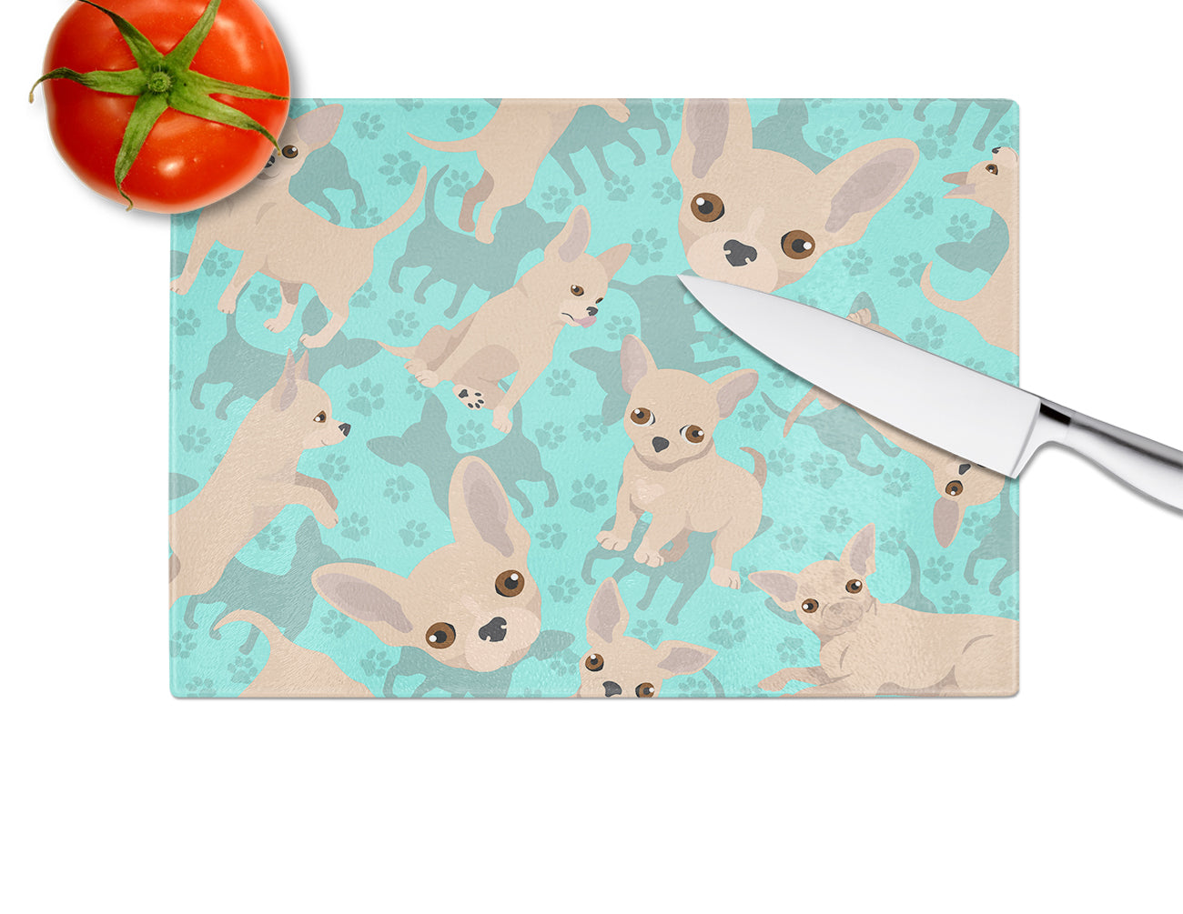 Cream Chihuahua Cutting Board Tempered Glass Kitchen Cutting Surface, Heat Resistant Chopping, Non-Slip Feet, Food Prep & Serving