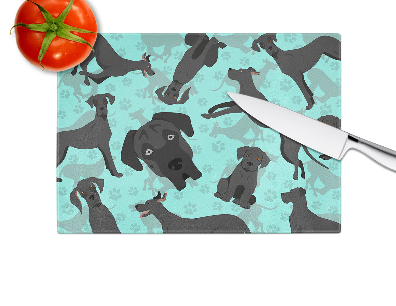 Black Great Dane Cutting Board Tempered Glass Kitchen Cutting Surface, Heat Resistant Chopping, Non-Slip Feet, Food Prep & Serving