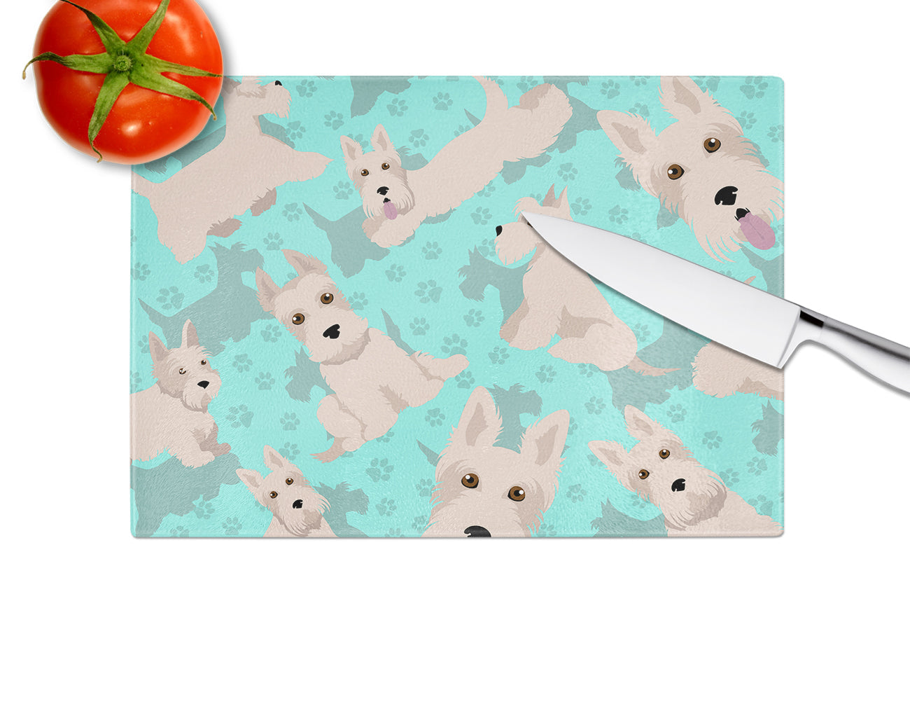 Wheaten Scottish Terrier Cutting Board Tempered Glass Kitchen Cutting Surface, Heat Resistant Chopping, Non-Slip Feet, Food Prep & Serving