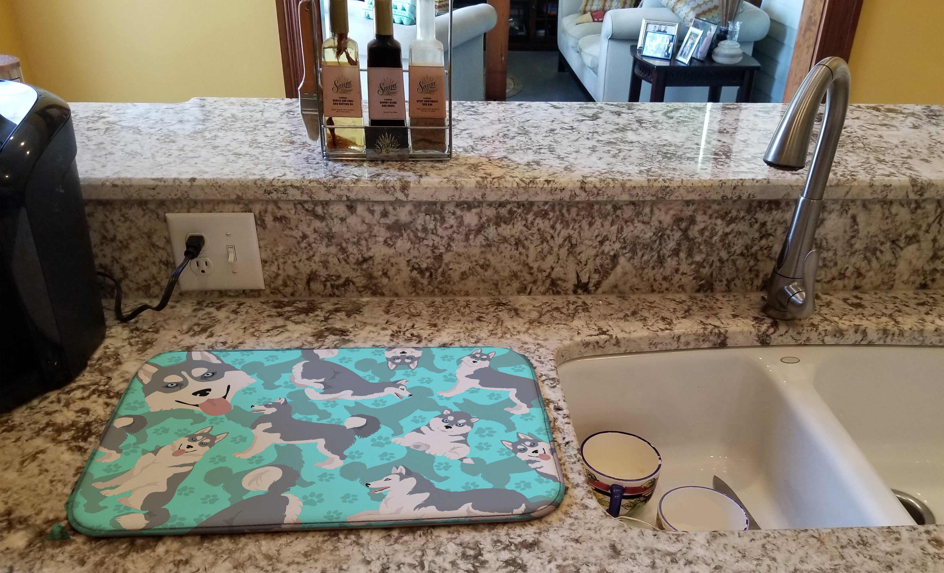 Grey Siberian Husky Dish Drying Mat Absorbent Dish Drying Mat Pad for Kitchen Counter Dish Drainer Mat for Countertop, 14 x 21", Multicolor