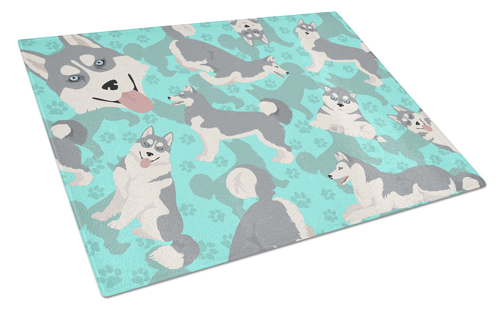 Grey Siberian Husky Cutting Board Tempered Glass Kitchen Cutting Surface, Heat Resistant Chopping, Non-Slip Feet, Food Prep & Serving