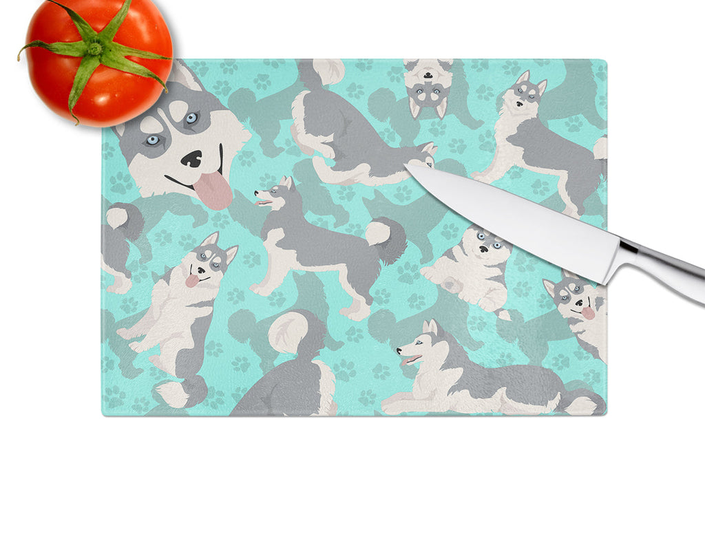 Grey Siberian Husky Cutting Board Tempered Glass Kitchen Cutting Surface, Heat Resistant Chopping, Non-Slip Feet, Food Prep & Serving