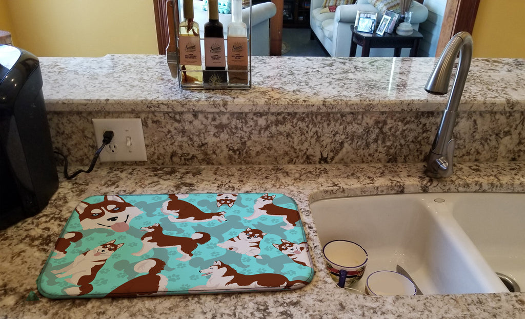 Red Siberian Husky Dish Drying Mat Absorbent Dish Drying Mat Pad for Kitchen Counter Dish Drainer Mat for Countertop, 14 x 21", Multicolor