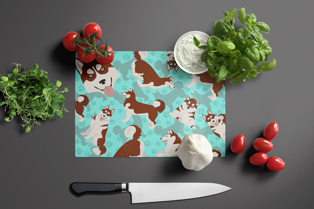 Red Siberian Husky Cutting Board Tempered Glass Kitchen Cutting Surface, Heat Resistant Chopping, Non-Slip Feet, Food Prep & Serving