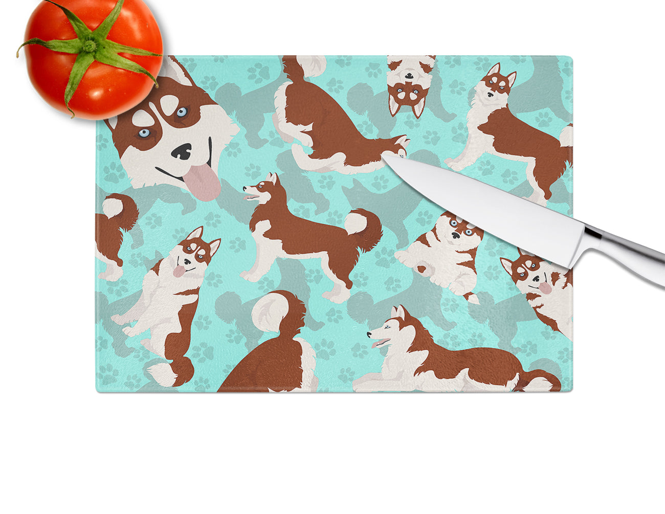 Red Siberian Husky Cutting Board Tempered Glass Kitchen Cutting Surface, Heat Resistant Chopping, Non-Slip Feet, Food Prep & Serving
