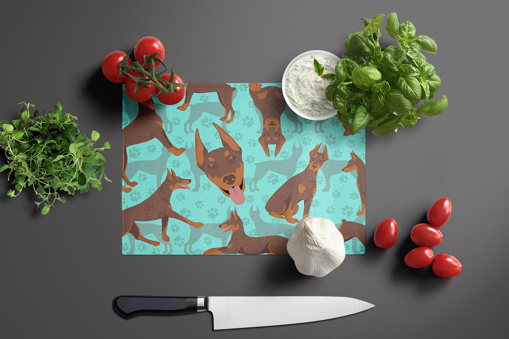 Red Doberman Pinscher Cutting Board Tempered Glass Kitchen Cutting Surface, Heat Resistant Chopping, Non-Slip Feet, Food Prep & Serving