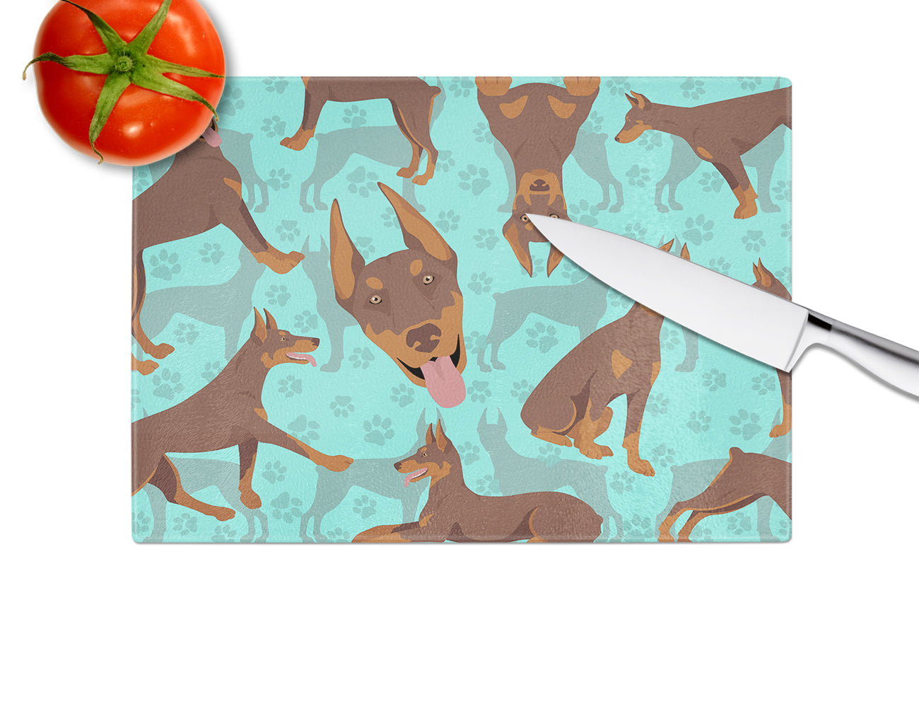 Red Doberman Pinscher Cutting Board Tempered Glass Kitchen Cutting Surface, Heat Resistant Chopping, Non-Slip Feet, Food Prep & Serving