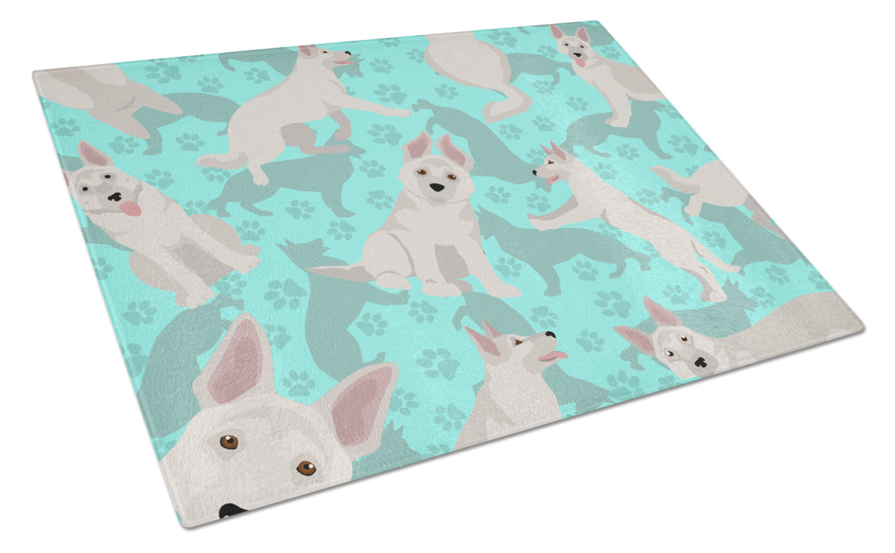 White German Shepherd Cutting Board Tempered Glass Kitchen Cutting Surface, Heat Resistant Chopping, Non-Slip Feet, Food Prep & Serving