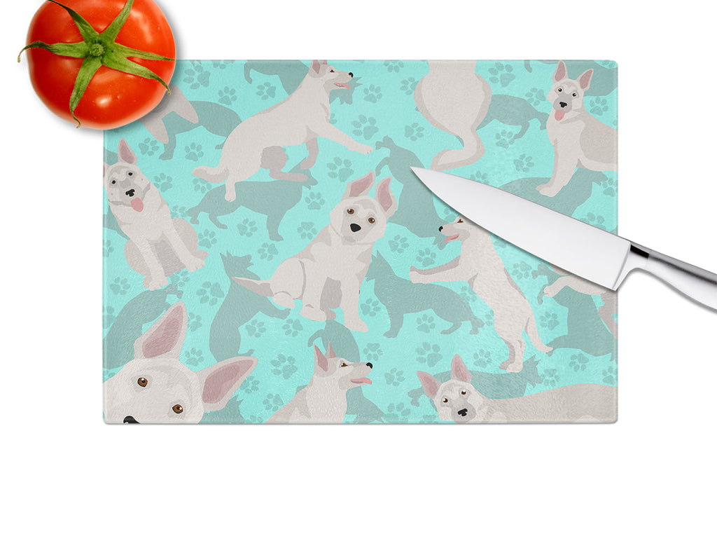 White German Shepherd Cutting Board Tempered Glass Kitchen Cutting Surface, Heat Resistant Chopping, Non-Slip Feet, Food Prep & Serving
