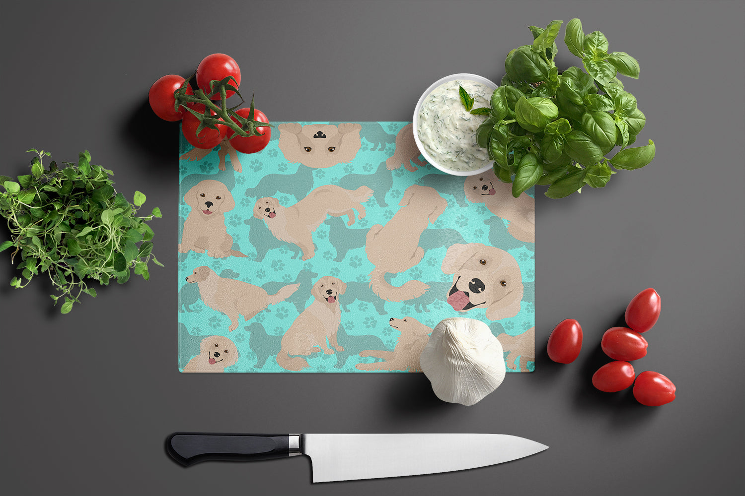 Cream Golden Retriever Cutting Board Tempered Glass Kitchen Cutting Surface, Heat Resistant Chopping, Non-Slip Feet, Food Prep & Serving