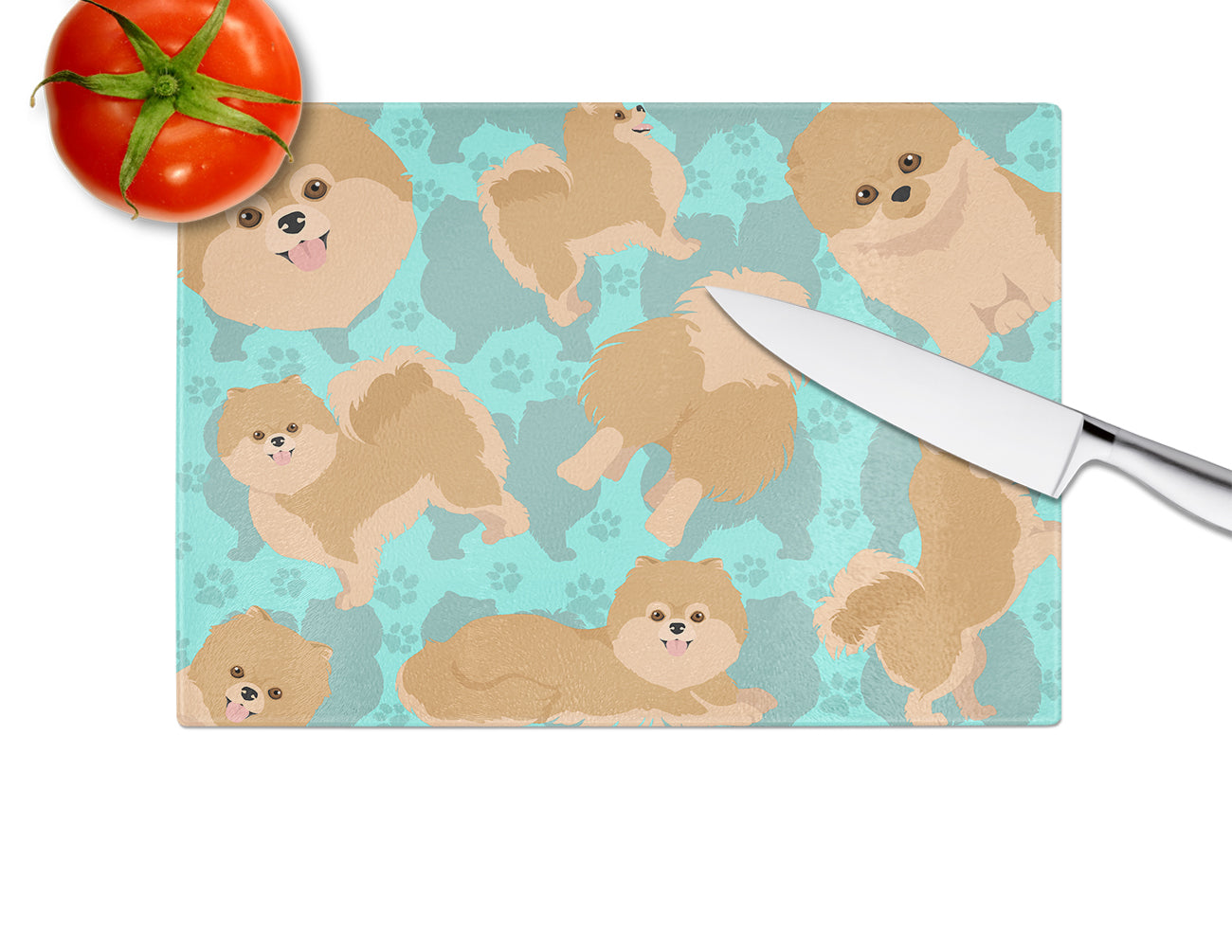 Orange Pomeranian Cutting Board Tempered Glass Kitchen Cutting Surface, Heat Resistant Chopping, Non-Slip Feet, Food Prep & Serving