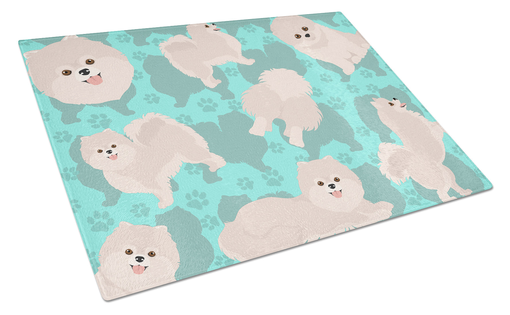 White Pomeranian Cutting Board Tempered Glass Kitchen Cutting Surface, Heat Resistant Chopping, Non-Slip Feet, Food Prep & Serving