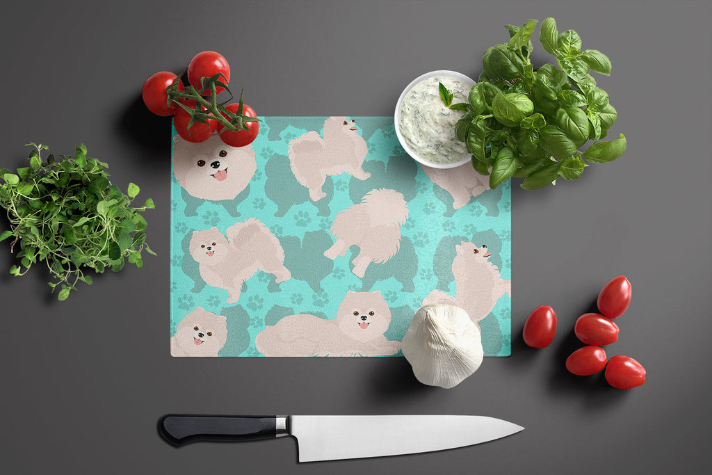 White Pomeranian Cutting Board Tempered Glass Kitchen Cutting Surface, Heat Resistant Chopping, Non-Slip Feet, Food Prep & Serving