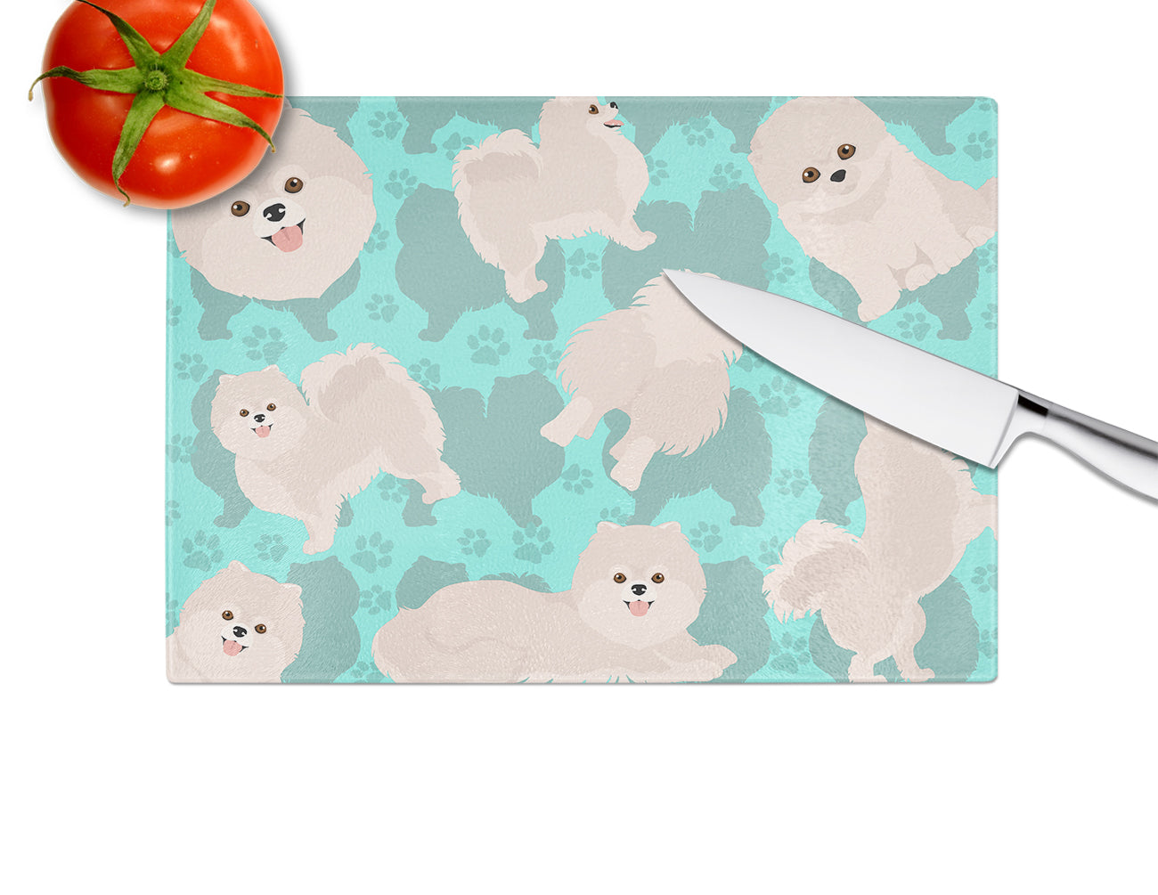 White Pomeranian Cutting Board Tempered Glass Kitchen Cutting Surface, Heat Resistant Chopping, Non-Slip Feet, Food Prep & Serving