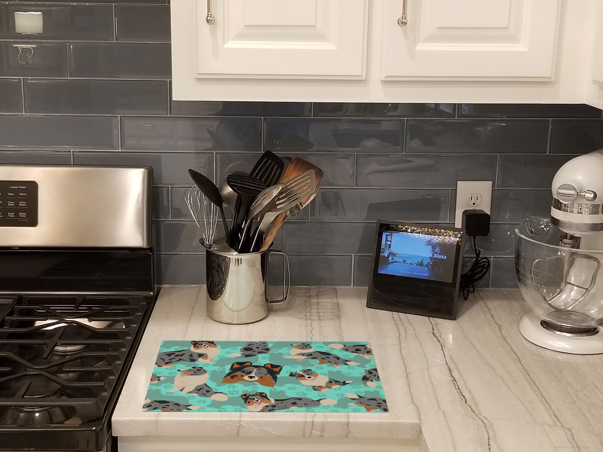 Blue Merle Sheltie Cutting Board Tempered Glass Kitchen Cutting Surface, Heat Resistant Chopping, Non-Slip Feet, Food Prep & Serving