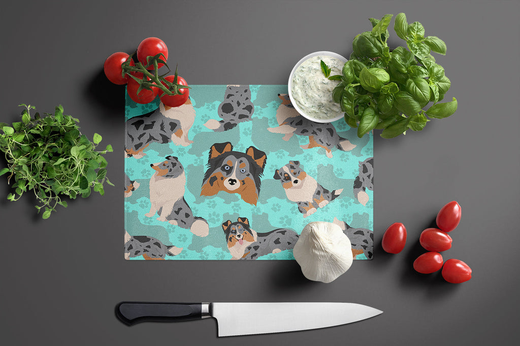 Blue Merle Sheltie Cutting Board Tempered Glass Kitchen Cutting Surface, Heat Resistant Chopping, Non-Slip Feet, Food Prep & Serving