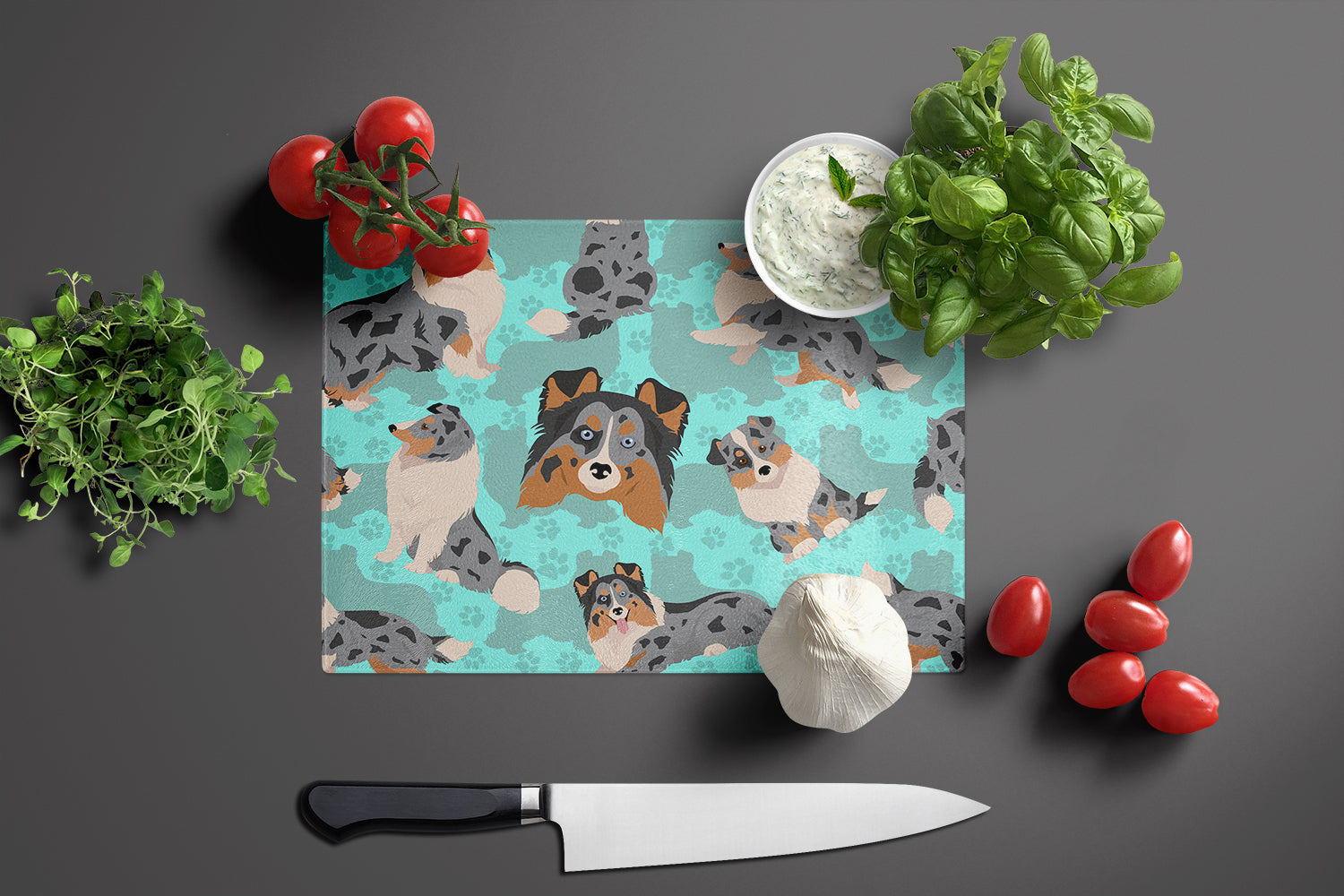 Blue Merle Sheltie Cutting Board Tempered Glass Kitchen Cutting Surface, Heat Resistant Chopping, Non-Slip Feet, Food Prep & Serving