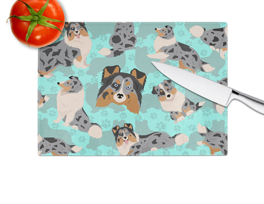 Blue Merle Sheltie Cutting Board Tempered Glass Kitchen Cutting Surface, Heat Resistant Chopping, Non-Slip Feet, Food Prep & Serving