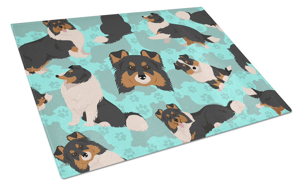 Tricolor Sheltie Cutting Board Tempered Glass Kitchen Cutting Surface, Heat Resistant Chopping, Non-Slip Feet, Food Prep & Serving