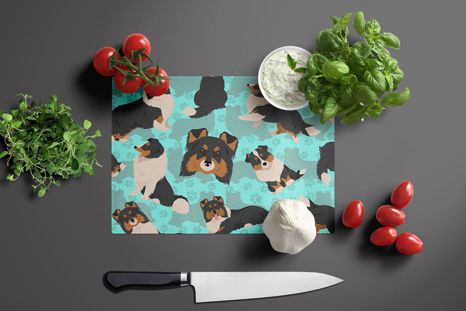 Tricolor Sheltie Cutting Board Tempered Glass Kitchen Cutting Surface, Heat Resistant Chopping, Non-Slip Feet, Food Prep & Serving