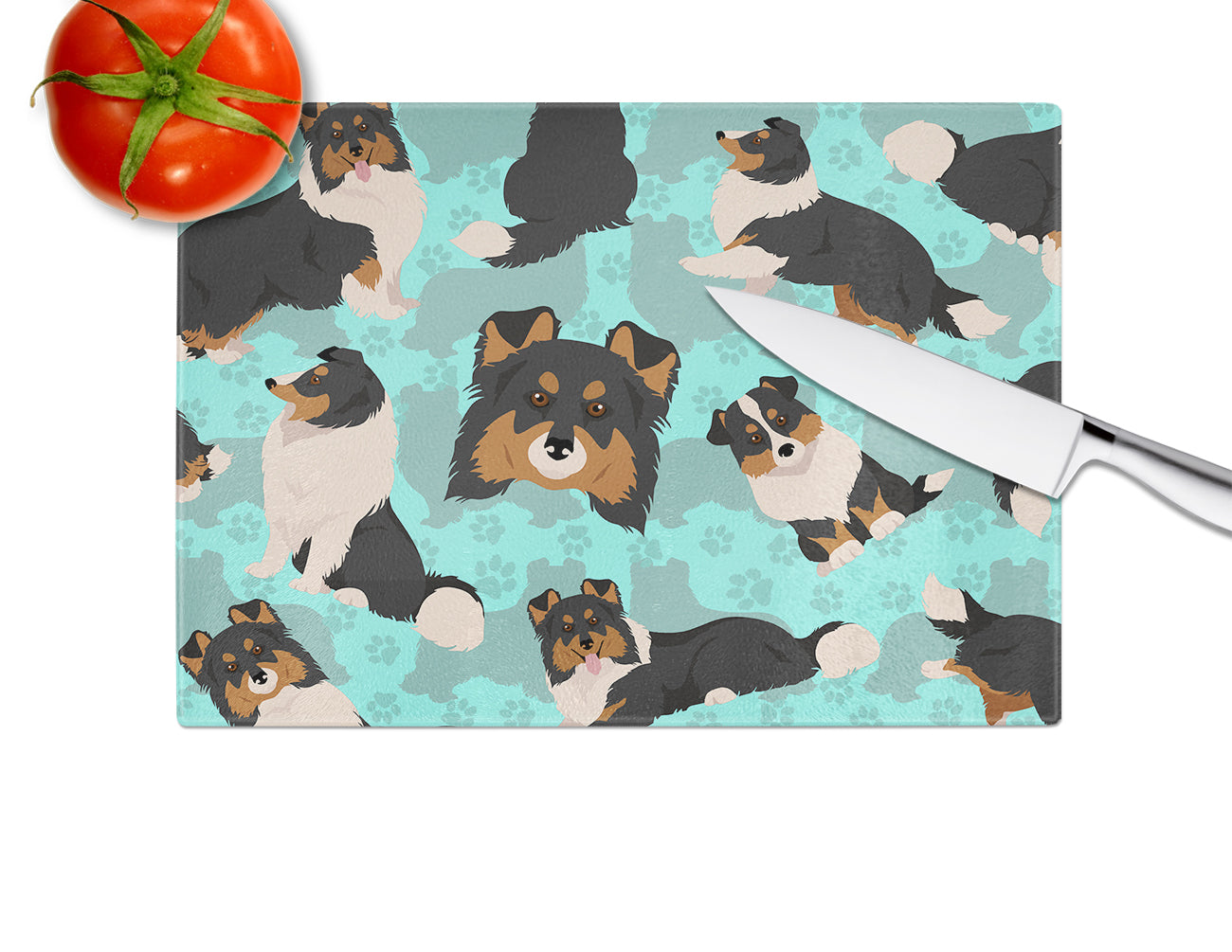 Tricolor Sheltie Cutting Board Tempered Glass Kitchen Cutting Surface, Heat Resistant Chopping, Non-Slip Feet, Food Prep & Serving