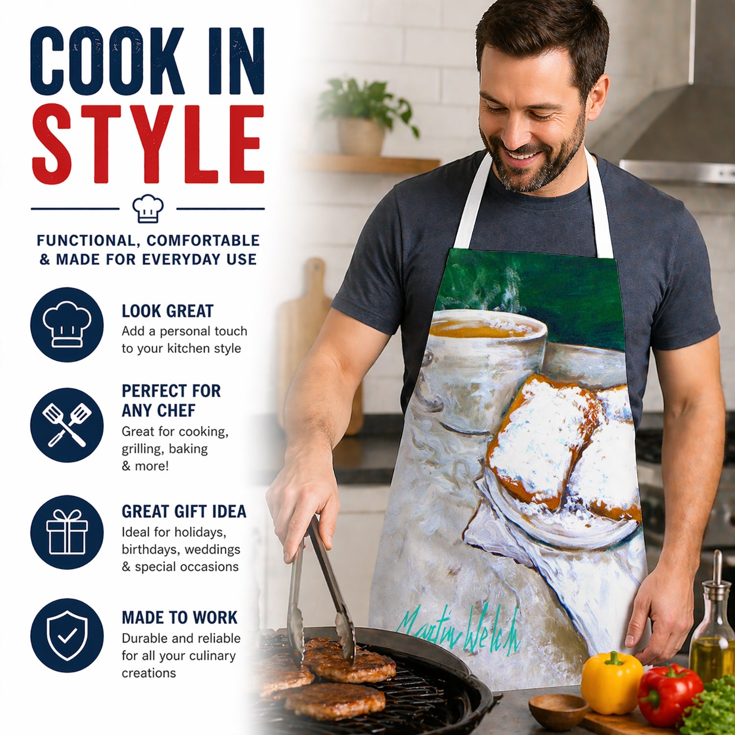 Beingets Breakfast Delight Apron Cooking Kitchen Server Baking Crafts Gardening for Adult Women Men, Unisex, Large, Multicolor