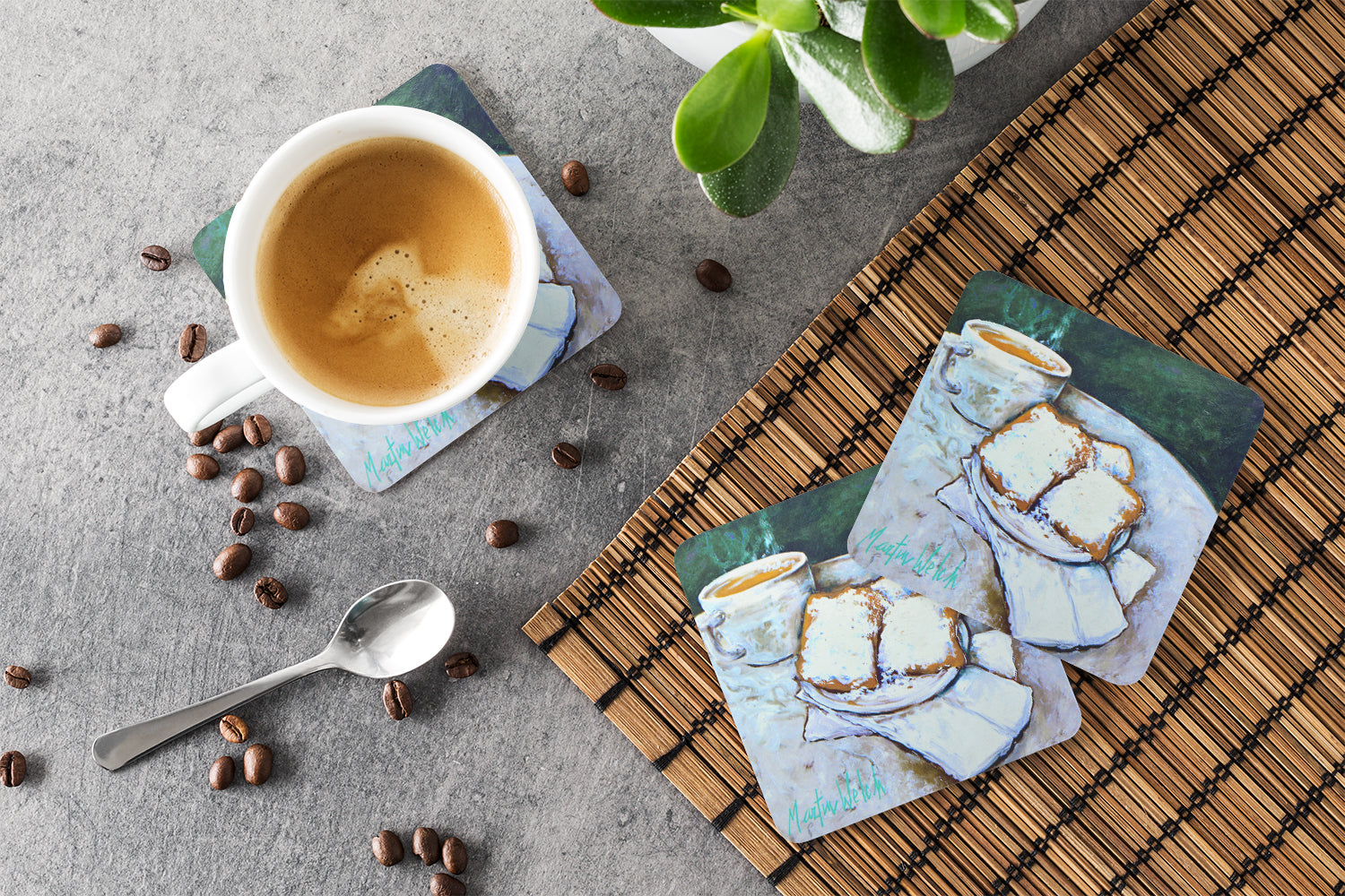 Beingets Breakfast Delight Foam Coasters Set of 4 Cup Coasters for Indoor Outdoor, Tabletop Protection, Anti Slip, Mouse pad Material
