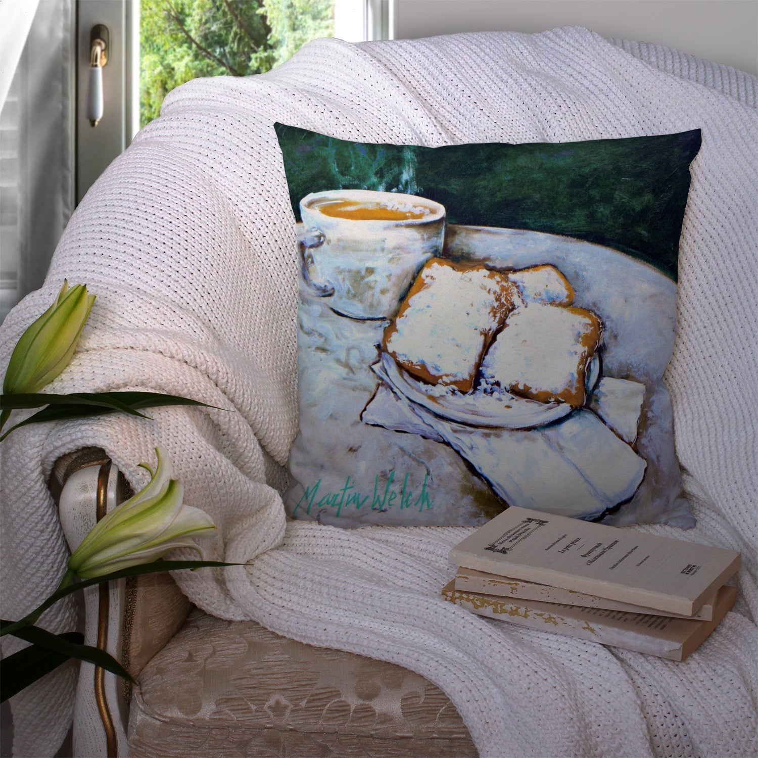 Beingets Breakfast Delight Decorative Throw Pillow 14x14 Indoor Outdoor Accent Cushion, Fabric Cover with Insert for Sofa, Bed, Porch & Living Room