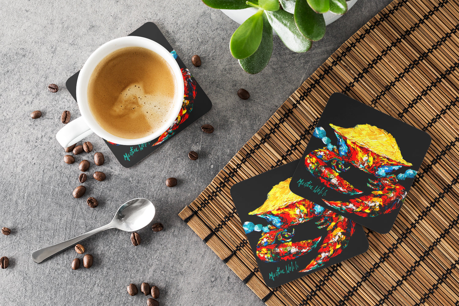 Crab Black Gold Foam Coasters Set of 4 Cup Coasters for Indoor Outdoor, Tabletop Protection, Anti Slip, Mouse pad Material